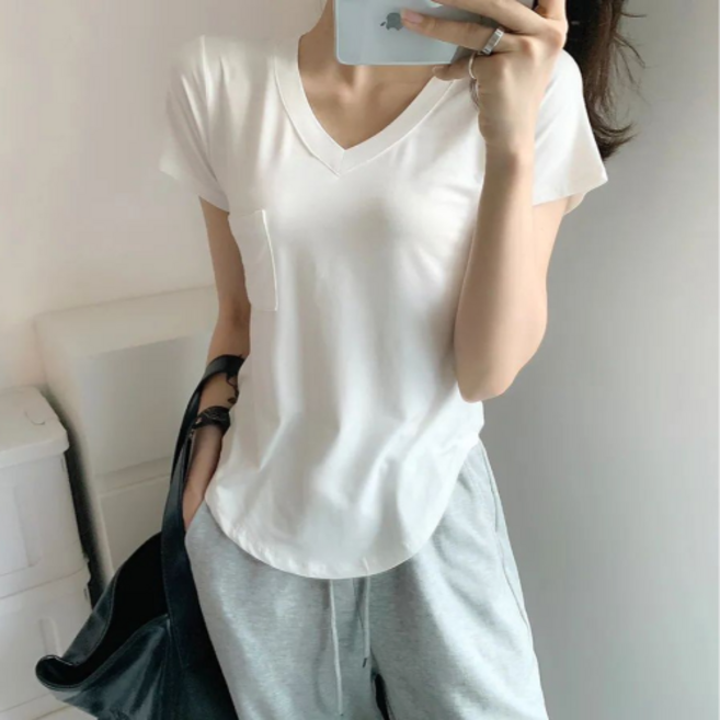 제이리스트 딥브이넥 슬림핏 스판 반팔티 포켓 밑단 굴림 티셔츠 세미크롭 골반생성 글램룩 PS-C115S