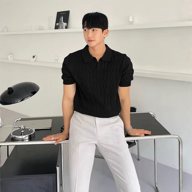 남자 여름 니트 카라 티셔츠 빅사이즈 머슬핏 반팔 데일리룩 캐주얼 반팔티