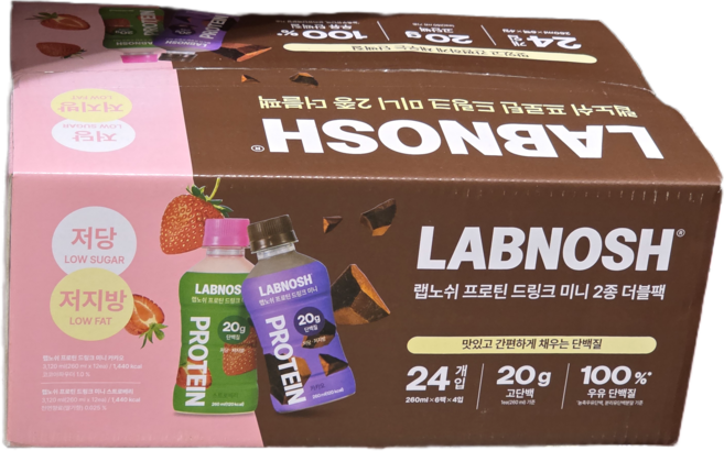 랩노쉬 단백질 드링크 미니 2종 더블팩 카카오 딸기, 260ml, 24개