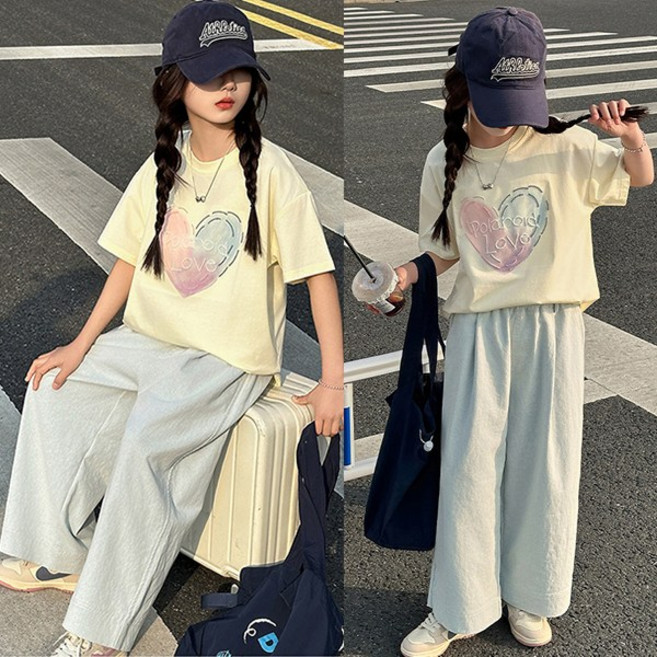 키즈목마 여름 여아 반팔 쿨소재 와이드 데님팬츠 세트 주니어 티셔츠 시원한 청바지 상하복 629