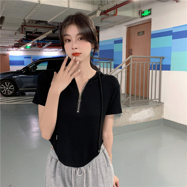 해피유통 여성 여름 운동복 반팔 지퍼 티셔츠 심플한 루즈핏bhf