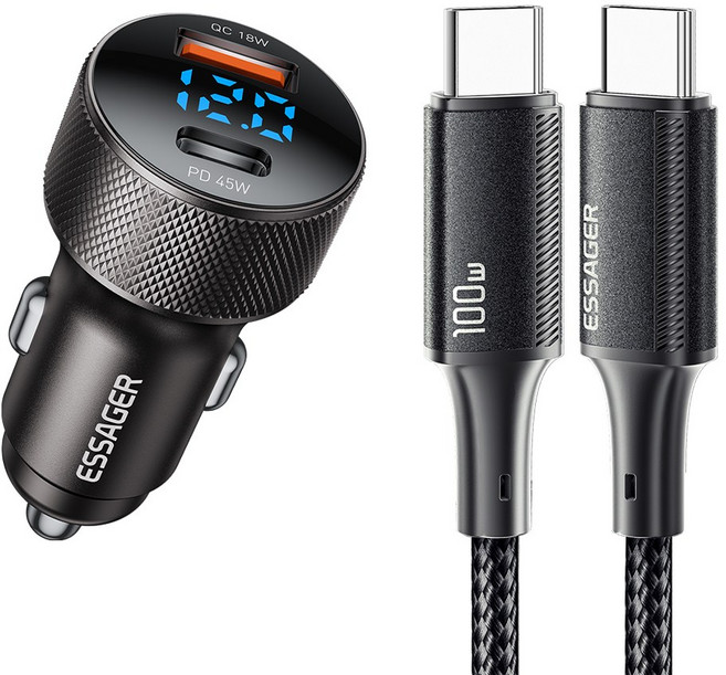 Essager 45W 2포트 USB A타입 TO C타입 PD3.0 QC3.0 차량용 초고속 충전기 C-C타입 포함, 그레이, 1세트