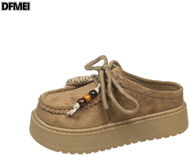 QRU 復古繫帶博肯鞋包頭半拖鞋女外穿秋季新款一腳蹬厚底休閒女鞋, 10 cm, 卡其色:37