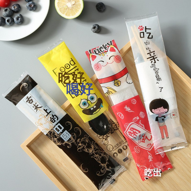 一次性餐具四件套 商用外賣打包勺子筷子套装, 1個, 一次性雙生筷1套隨機圖案