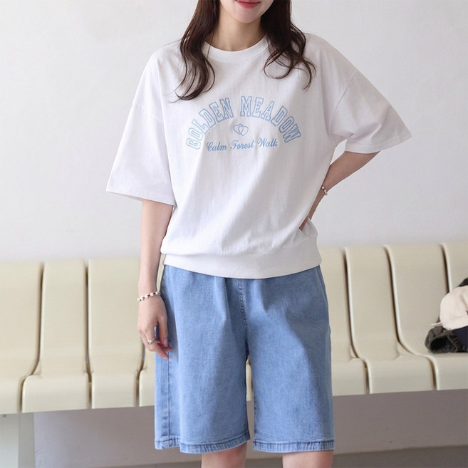 데일리앤 몰리 여자 얇은 반팔 맨투맨 스웻셔츠 여름 루즈핏 자수 레터링 쭈리 면 티셔츠