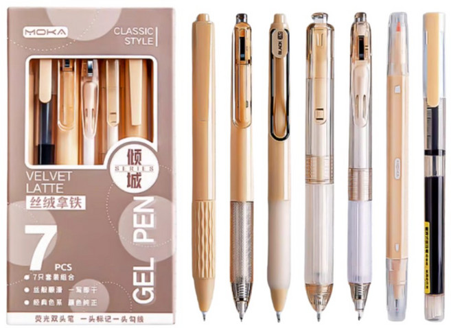 JS購物 按壓式速乾中性筆 0.5mm ST筆頭 原子筆 黑紅藍三色 辦公文具 墨水筆 學生筆 手帳 按動刷題筆中性筆7件套【絲絨拿යක系列】, 1套, 按動刷題筆中性筆7件套【絲絨拿鐵系列】, 按動刷題筆中性筆7件套【絲絨拿鐵系列】