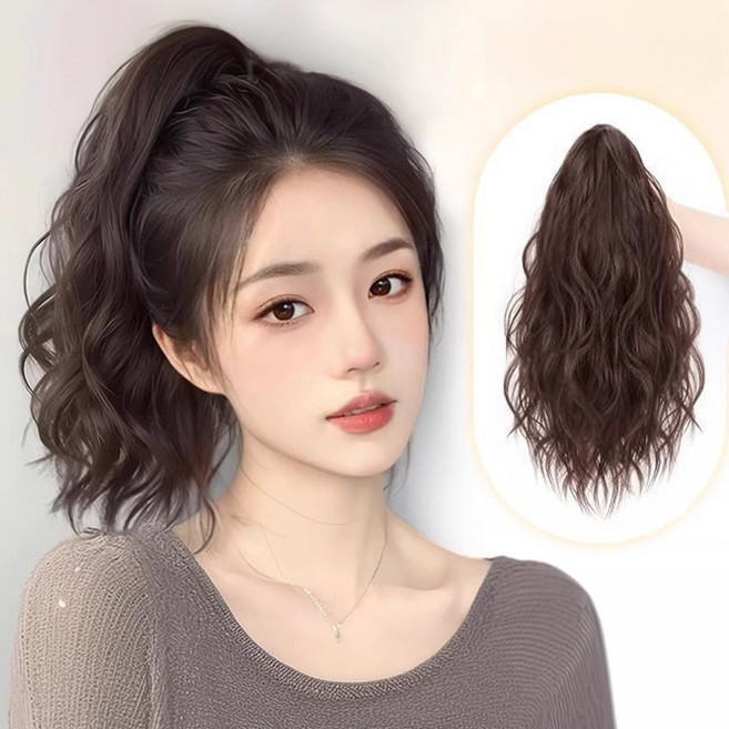 포니테일 집게 가발 물결펌 여성 부분가발 자연스러운, 1개, 진갈색