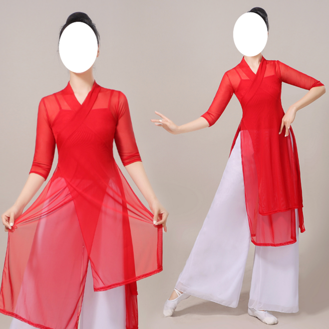 쌍천 고전무용난타복 연습복 찰랑찰랑한 무대공연 상하의세트 연출복 옆트임 댄스공연복세트 A25081905