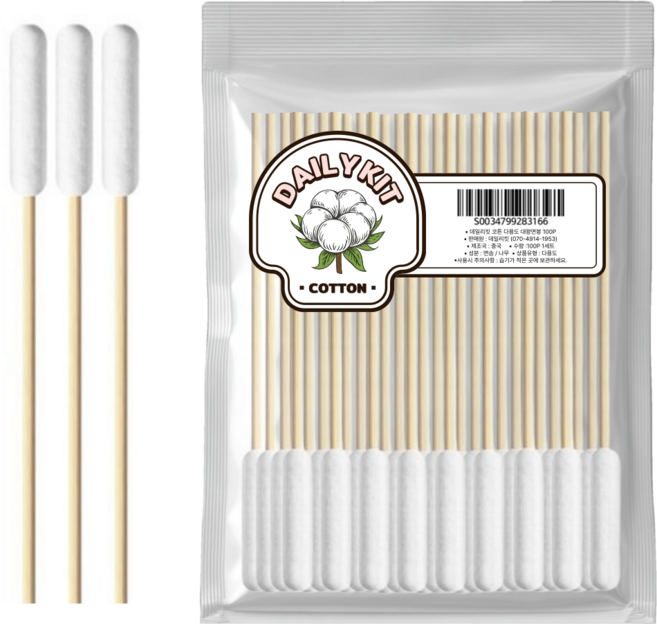 데일리코튼 대용량 솜방망이 아기 대왕 면봉 피부 관리 청소 필링 두피스케일링 왕면봉, 1개, 100개입