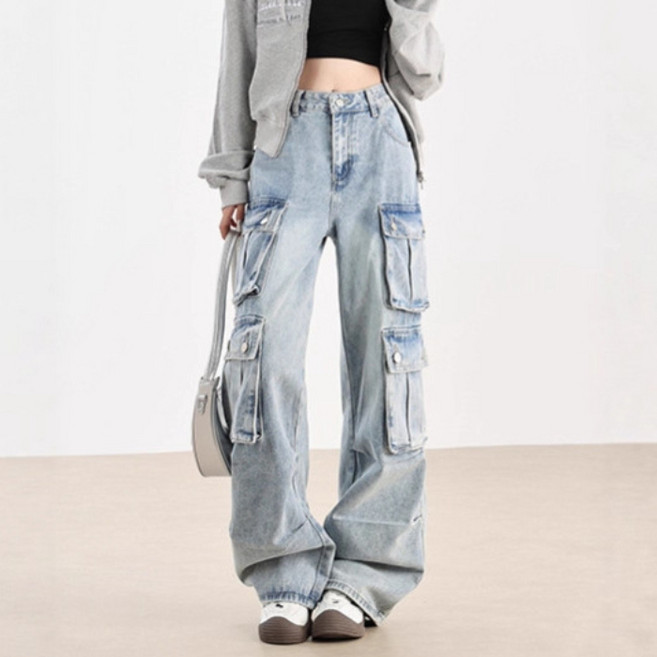 쁘띠꼬모 여성 하이웨이스트 데님 카고 와이드 팬츠 배기핏 스트릿룩 GX1112416