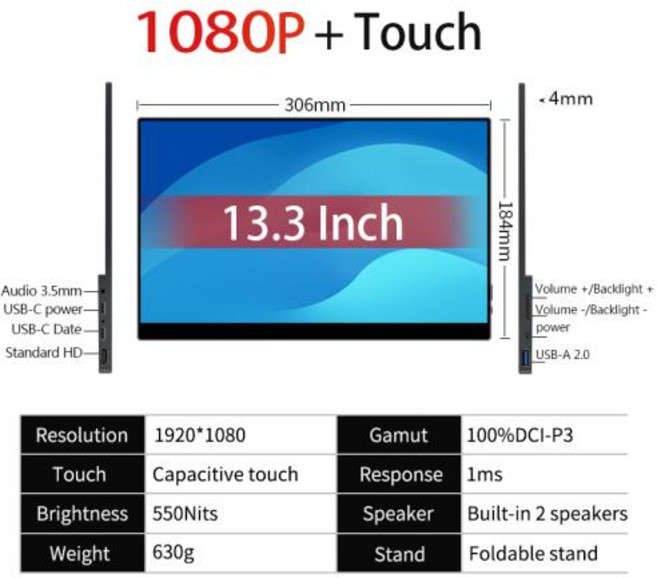 휴대용 포터블 듀얼 스크린 서브 보조 모니터 VCHANCE 13.3 인치 OLED 터치 1920x1080 1ms 10bit 100% DCI-P3 노트북 용 사무실 여행 디스플레이, 없음, 3) SF13TO  AU 플러그