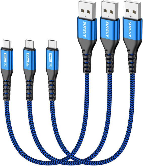 SUNGUY USB A to 마이크로 5핀 고속 충전 케이블 USB 2.0 480Mbp 18W, 3개, 블루, 0.3m