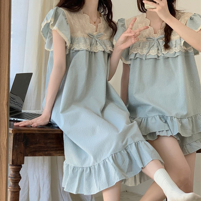 61sec 프릴 벨르 잠옷 원피스 투피스 봄 여름 여성 반팔 잠옷 시원하고 예쁜 프릴 디자인