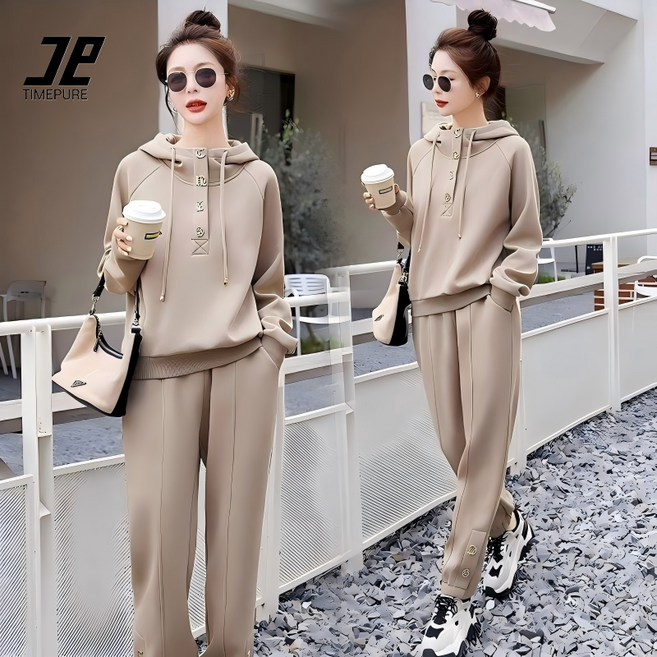 TIMEPURE 여성용 스포츠 트레이닝 세트 봄가을 인스타일 루즈핏 후드 맨투맨 오버핏 후디 빅사이즈 겨울용 녀 봄가을 투피스 2벌 세트