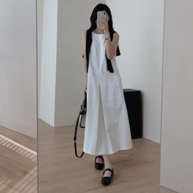 히또리 X5306 라운드넥 바스락 아노락 민소매 핀탁 항아리 롱 원피스