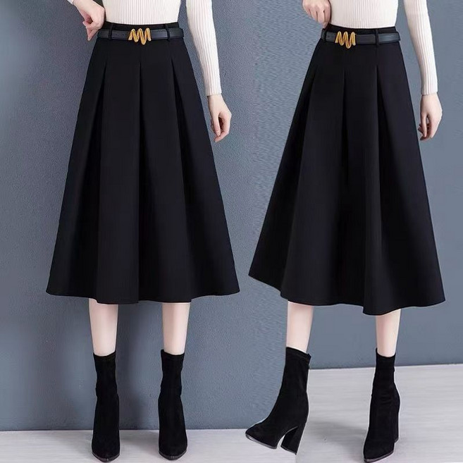 해피유통 여성용 중년 플레어 스커트 고급스러운 고중간 기장 A라인 스커트 가을 겨울 패션 아이템 LWJ