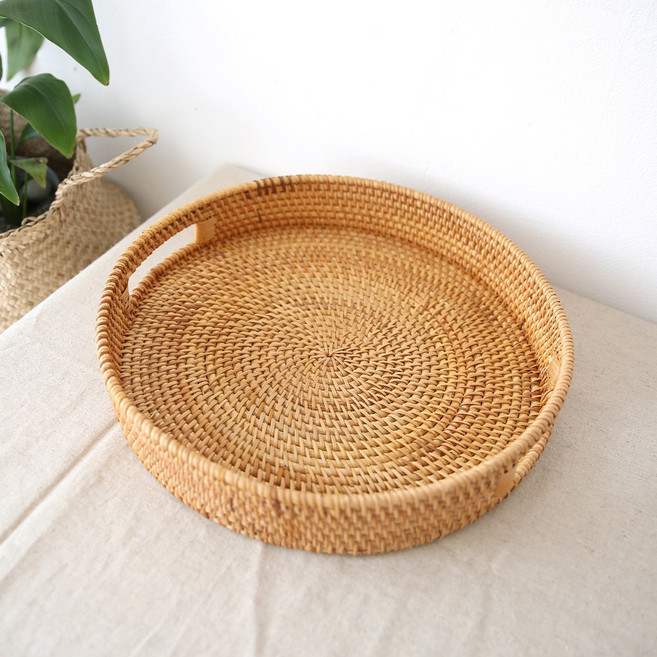 이소품 라탄 원형 손잡이 트레이 소품 정리바구니, 1개, 라탄 원형 손잡이 트레이(04812A)