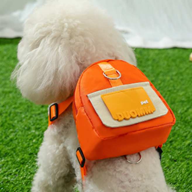 꼼펫 백팩 포인트 강아지 고양이 산책줄 가슴줄 하네스 리드줄 세트, Orang, 1개