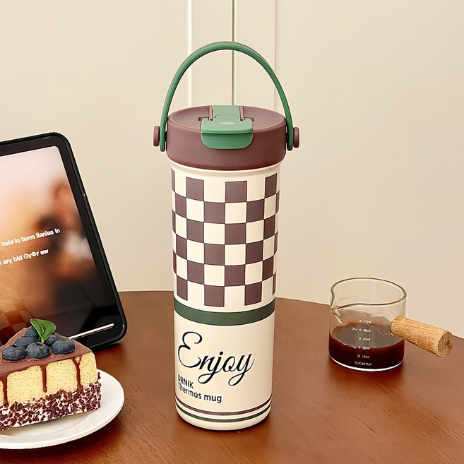 Enjoy 不鏽鋼保溫咖啡水杯 600ml, 咖綠600ml 咖啡專屬316雙飲杯, 1套, 600L