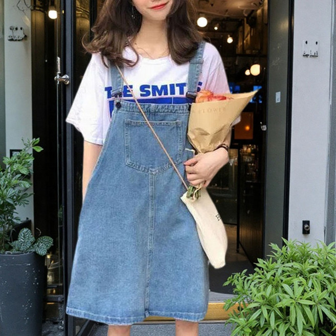 여성용 여름 나시 포켓 데님 멜빵치마 데일리 캐주얼 미디 청원피스