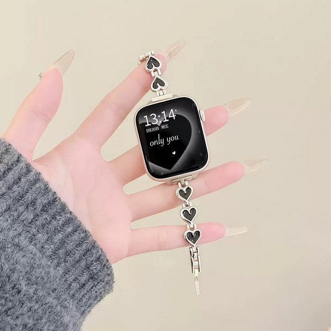 생활보물창고 애플워치밴드 스트랩 하트 여성 브레이슬릿 메탈 호환 데일리, 1개, 블랙