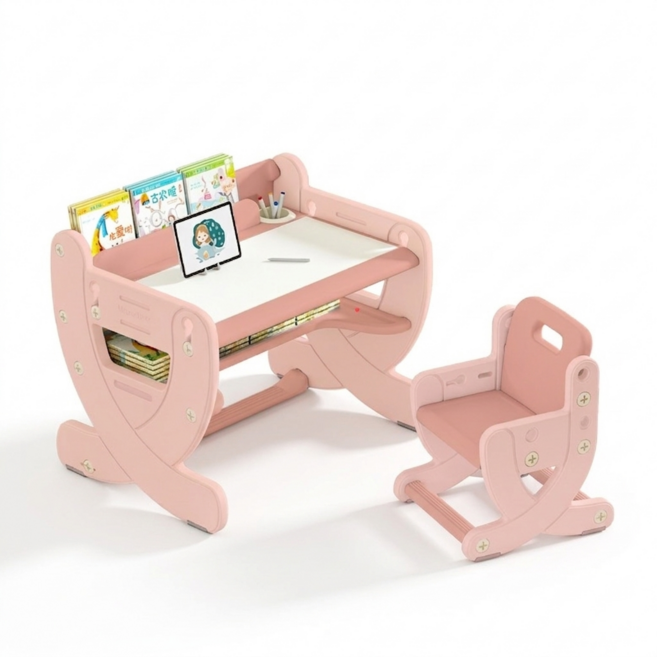 유아 아기 책상 의자 + 화이트보드 + 4단계 높이 각도 조절 + 책꽂이, 분홍색