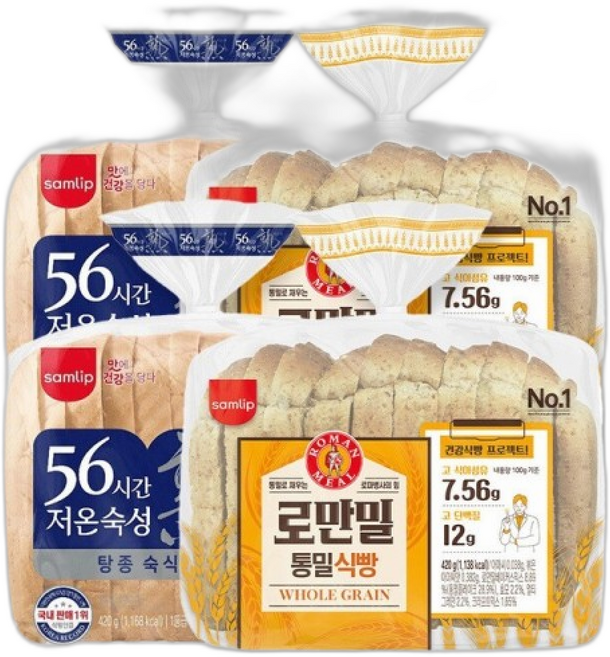 삼립 간식 총 56시간 저온숙성 식빵 로만밀 통밀 식빵, 4개, 420g