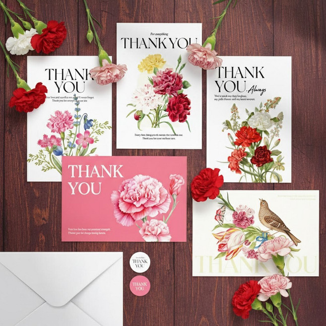 감사 카드 카네이션 엽서 봉투 스티커 5종 세트, 1개