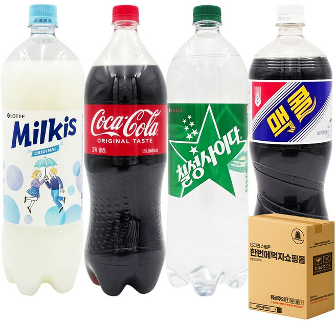 [한번에먹자] 1.5L 탄산음료 4종 혼합세트 (칠성사이다 + 코카콜라 + 사랑해요 밀키스 + 맥콜) 사무실음료 가정용 업소용 당구장 노래장 식자재 인기음료 패키지, 4개