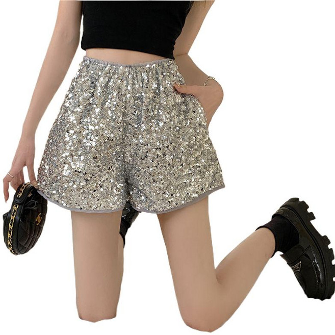 티류으스 여성 여름 캐주얼 바지 루즈핏 캐주얼 미니 반바지 일자 와이드 팬츠 클럽 댄스 반바지 허리밴딩 스팽글 반바지 042643