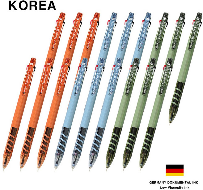 코리아 토네이도 니들 3색 멀티펜 초저점도 독일 잉크 볼펜 0.7mm, 18개, 색상혼합