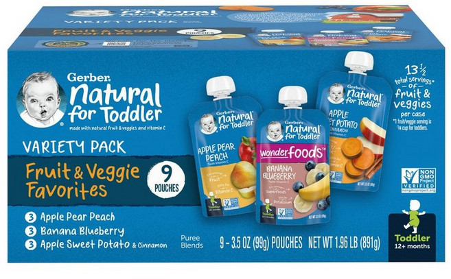 거버 과일 채소 토들러 퓨레 버라이어티 바나나 블루베리 사과 고구마 시나몬, 48개, 99g