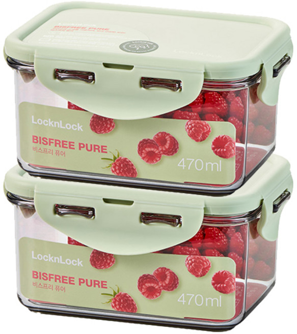 락앤락 비스프리 퓨어 스테커블 밀폐용기 라이트그린 + 가쯔용기, 2개, 직사각 470ml