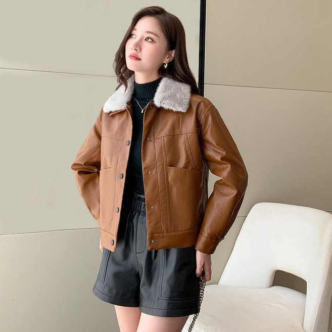 여성 심플 빅포켓 퍼카라 탈부착 기모 두툼 숏 가죽 PU 자켓 점퍼 아우터 모두코디