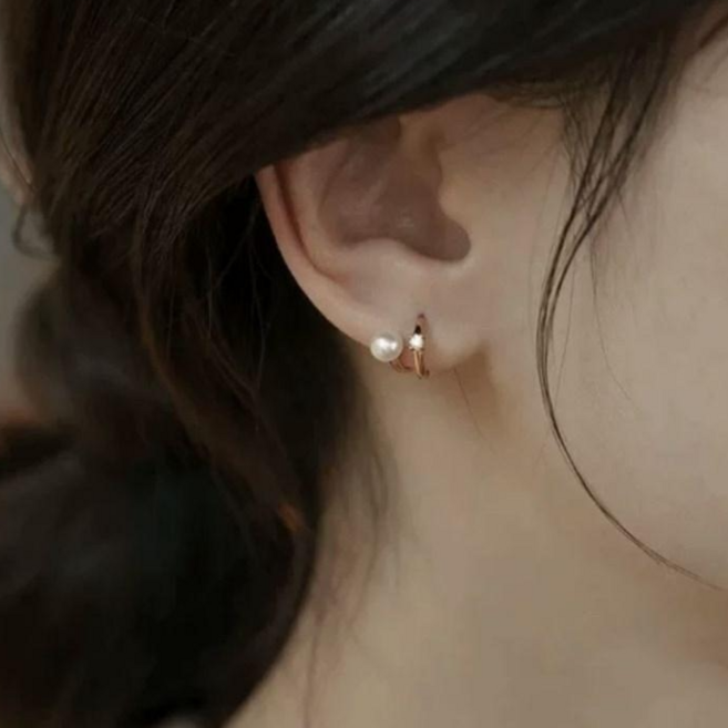 헬렌 골드 미니 후프 진주 이어링 데일리 큐빅 포인트 귀걸이