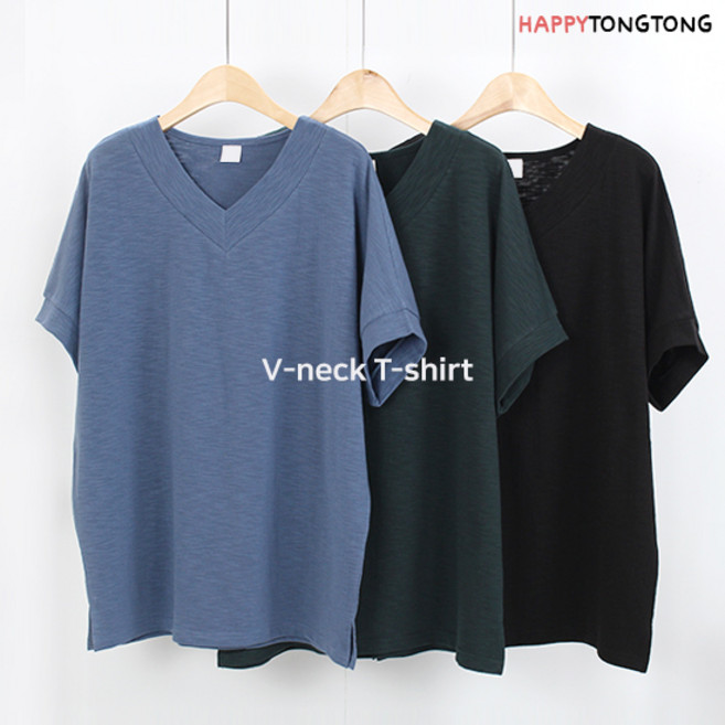 해피통통 빅사이즈 브이넥 나그랑 반팔 티 여성 슬라브 티셔츠 여름용 오피스옷 미시 슬림한 티셧 여성의류