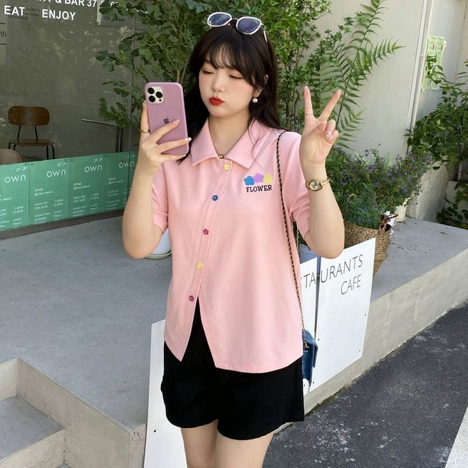 POLO衫 女款 夏季 大碼寬鬆 短袖POLO衫 刺繡設計開叉T恤