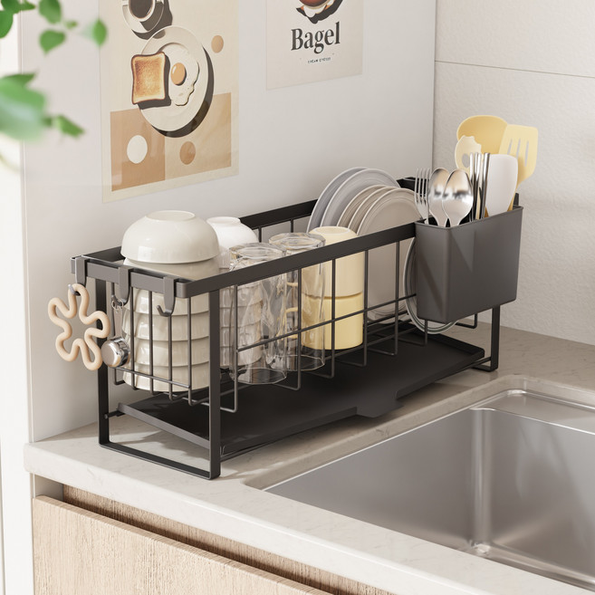 라라밤 자동 물빠짐 초슬림 미니 식기건조대 세트, 1단, 블랙, 1세트