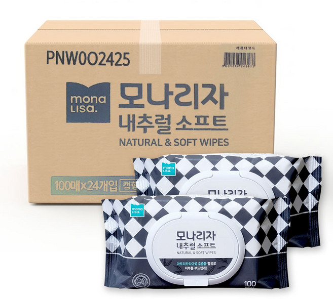 모나리자 내추럴 소프트 물티슈 캡형, 100매입, 24개