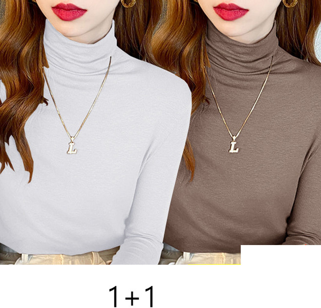 1+1 여자 긴팔 목폴라티 빅사이즈 슬림핏 모달 반폴라티 2피스 봄 가을 여성 반목 긴소매 상의 CJJ