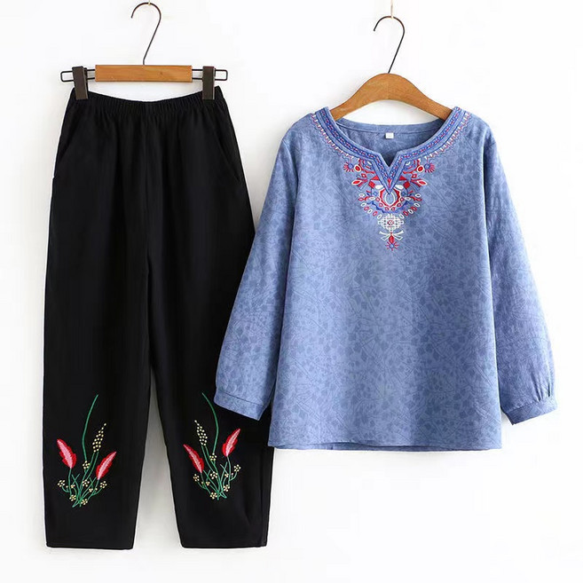 자칠 70~80대 봄가을 할머니옷 할머니옷 엄마옷 자수 무늬 긴팔 상하 세트 DC-082002