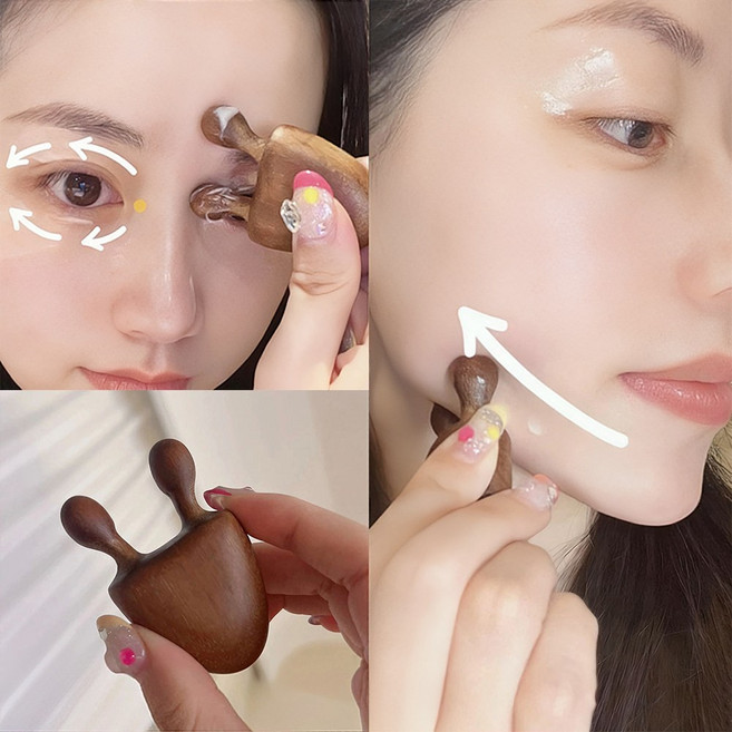 우드 괄사 마사지기 눈 안마기 얼굴 마사지기 달팽이 안마기 지압봉 얼굴 목, 브라운, 2개