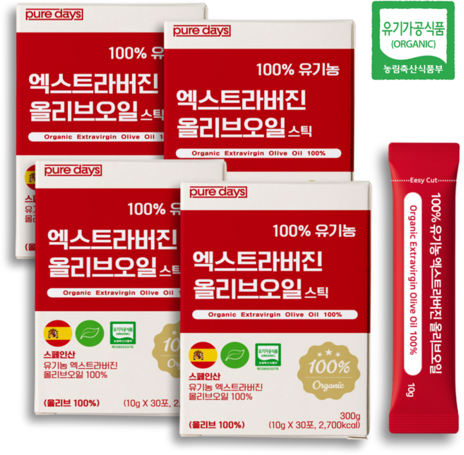 퓨어데이즈 아침엔 냉압착 유기농 엑스트라버전 올리브오일 100% 스틱 엑스트라버진, 120개, 10g