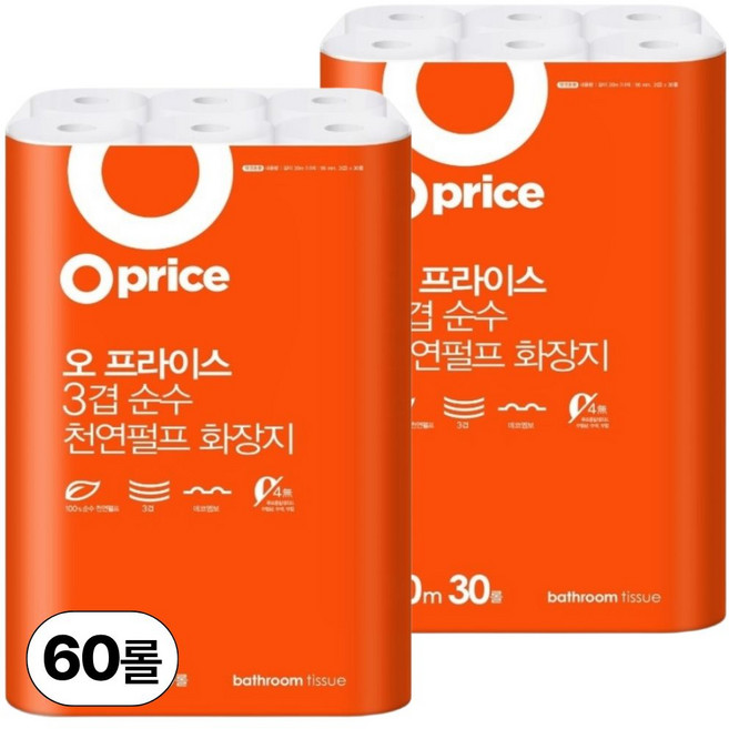 오프라이스 더 길어진 3겹 천연펄프 화장지, 30m, 30롤, 2개