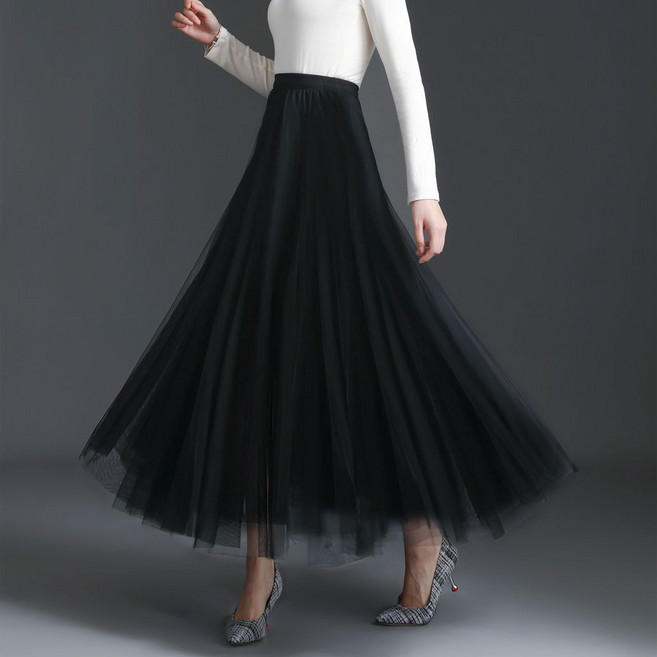 網紗裙 A字版型 中長款高腰半身裙