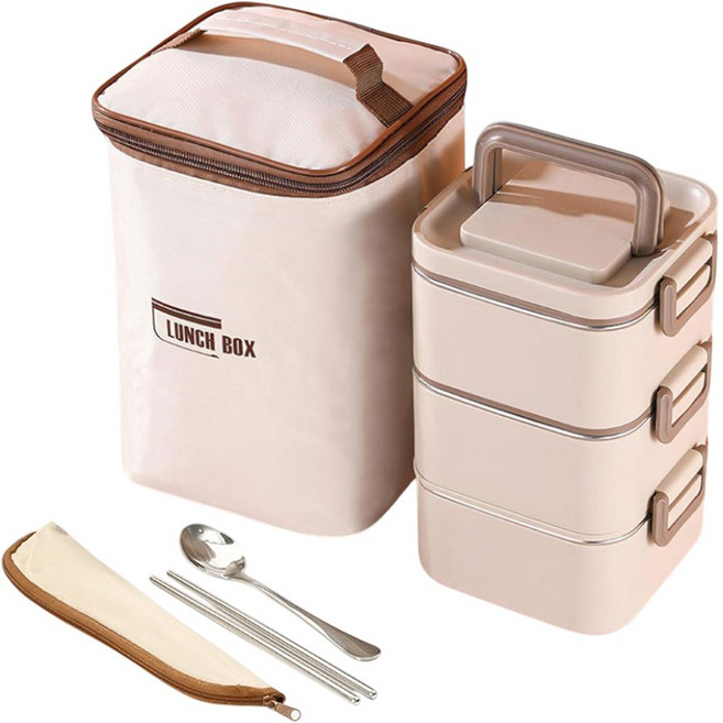 밀다 사각 스텐 도시락통 전용가방 세트, 1개, 베이지 3단