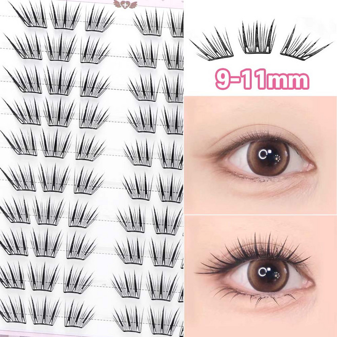 Winkii 노글루 가닥속눈썹 초경량 얇은 속눈썹 9-12mm 아이돌 포인트 눈꼬리연장 아이래쉬 60pcs, 1개, 블랙