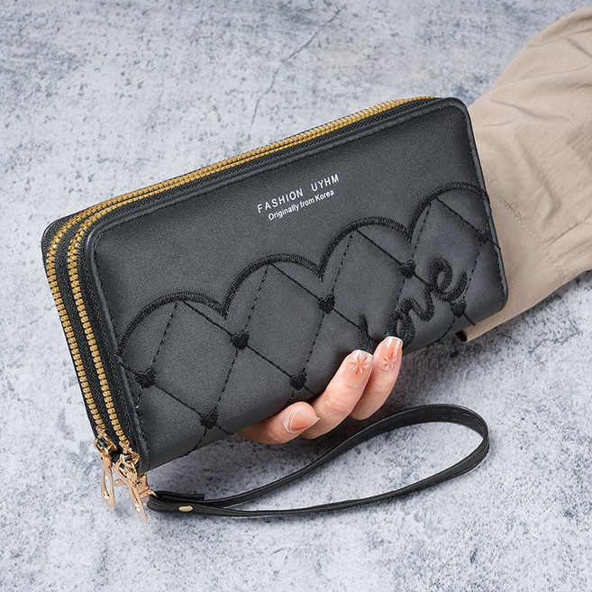 Skyciky 여성 롱 지갑 자수 디테일 더블 지퍼 다기능 휴대폰 동전 수납 OO1192