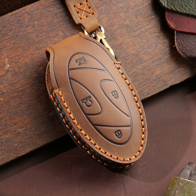 벤오토 현대 팰리세이드 LX3 싼타페 MX5 디올뉴 그랜저 GN7 아이오닉6 디 올뉴 코나 SX2 호환 스마트키 가죽케이스 현대7버튼 키링 키홀더(S2-HK7), 브라운+스트랩각인(배송매세지에남겨주세요)