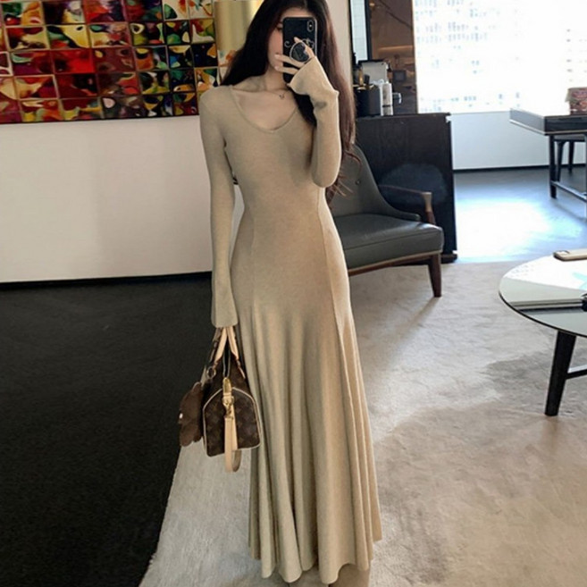 오브인 슬림핏 골지 니트 긴팔 롱 원피스 v0006